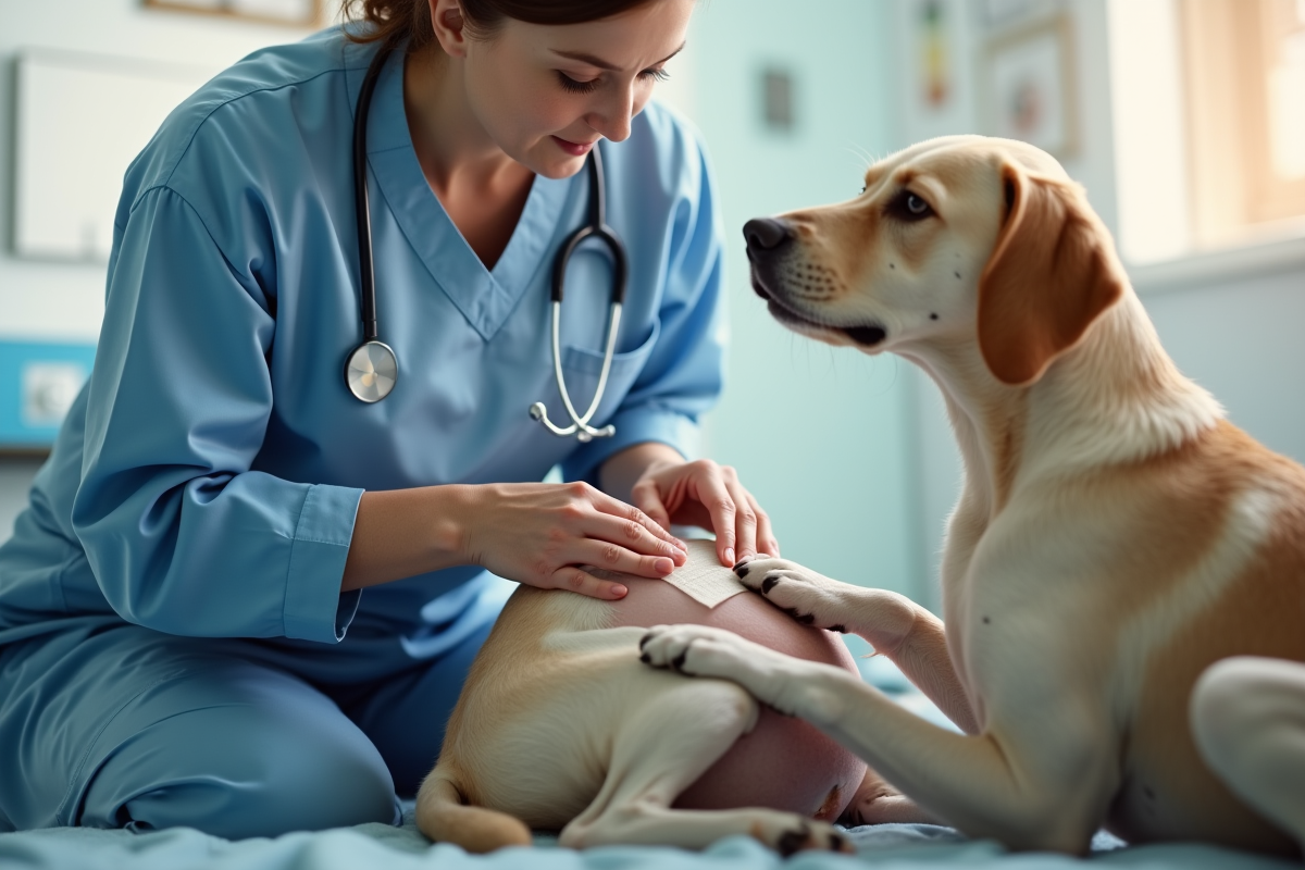 Vétérinaire vérifiant le ventre du chien avec propriétaire