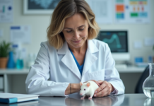 Animaux en science : pourquoi sont-ils essentiels pour la recherche médicale ? Vétérinaire examinant une souris dans un laboratoire moderne