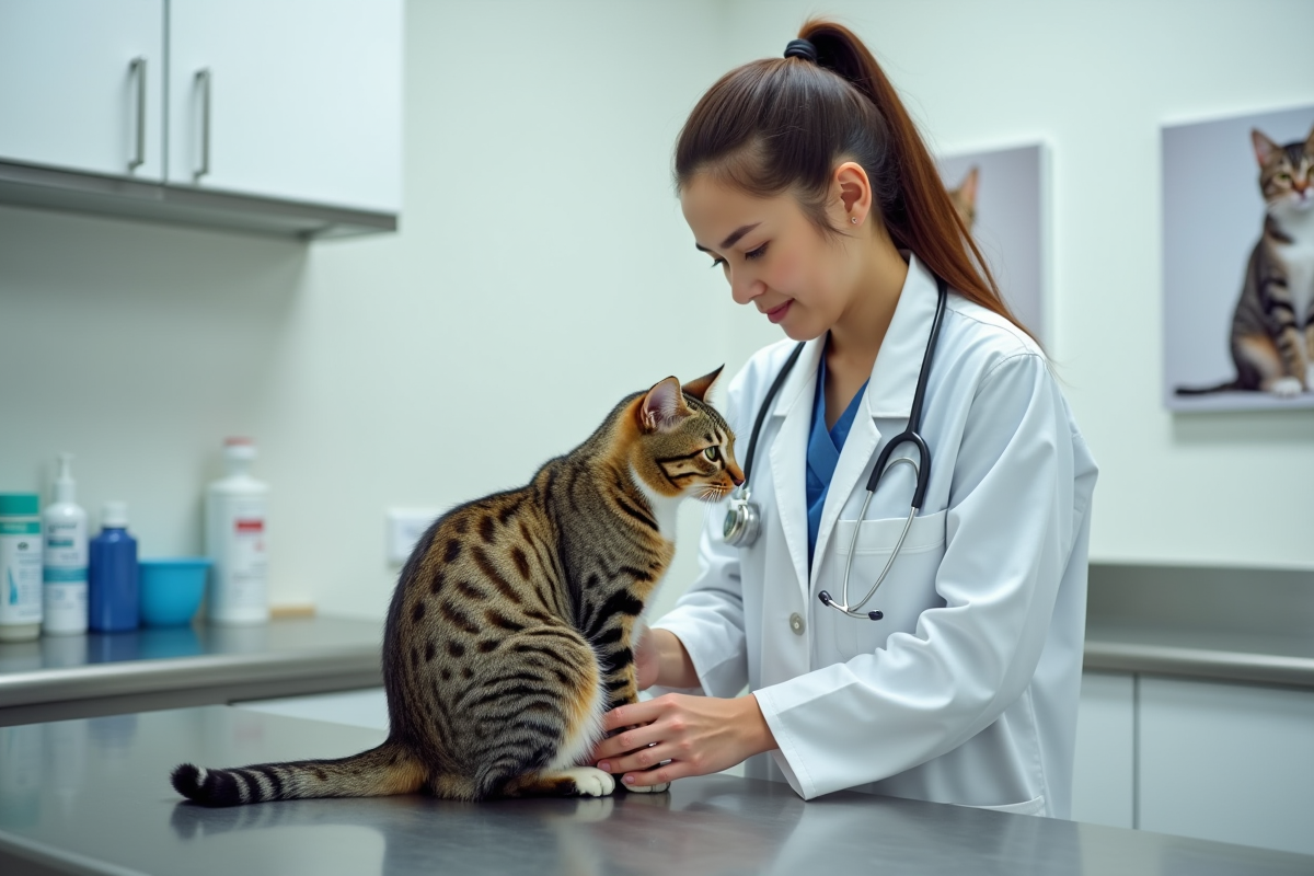 Vétérinaire examine un chaton enceinte dans une clinique moderne
