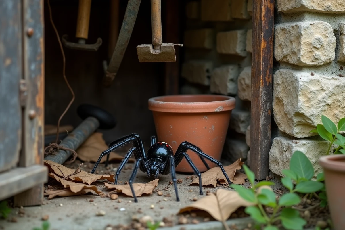 Veuve noire méditerranéenne cachée sous un pot en terre cuite dans une remise de jardin en pierre en France
