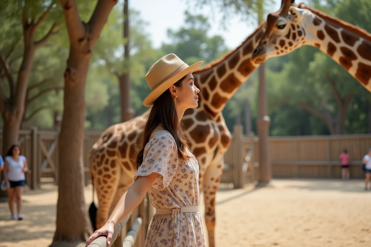 Jeune femme admirant une girafe dans son enclos au Zoo de La Palmyre par une journée ensoleillée