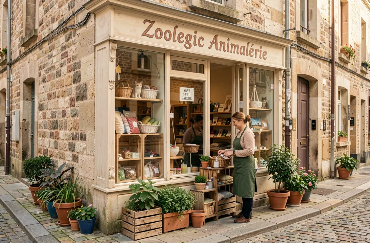 Façade de la Zoologic Animalerie à La Flèche, avec devanture rustique et propriétaire arrangeant des produits à l'entrée